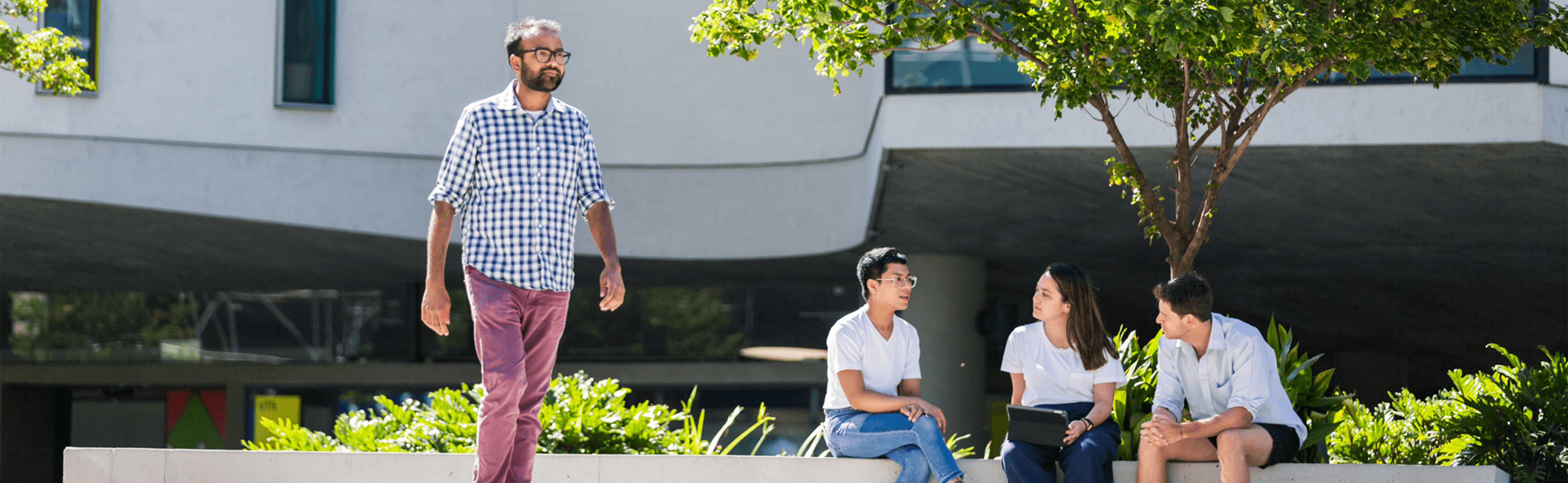 Three students sitting under a tree as a man walks past