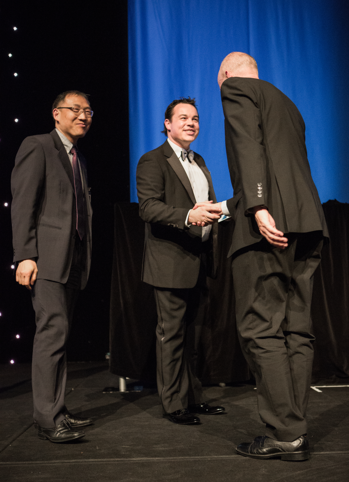2015 National iAwards_stage Dikai Liu (UTS:CAS) and Peter Mann (RMS NSW) receives the Merit Award for the Biologically Inspired Climbing Robot at the 2015 National iAwards.