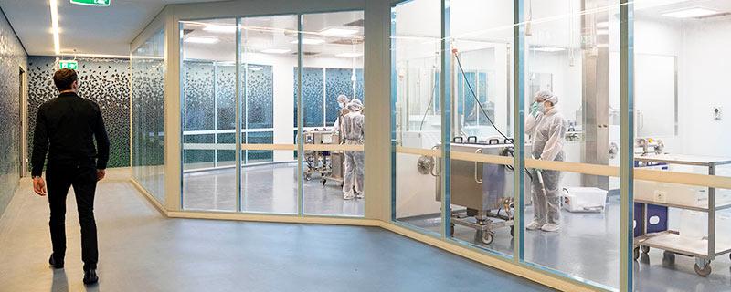 View into the Biologics Innovation Facility from the perimeter corridor