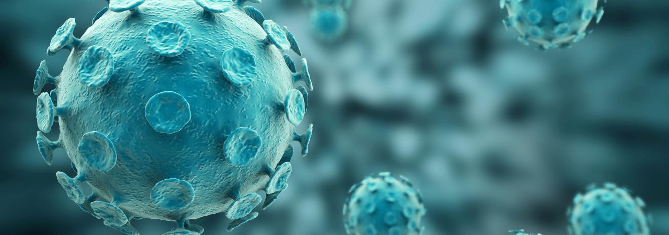 microscopic view of a virus in shades of blue