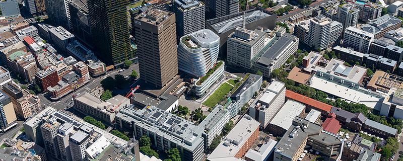 An aerial photograph showing a number of city blocks, including the UTS Tower and other UTS buildings