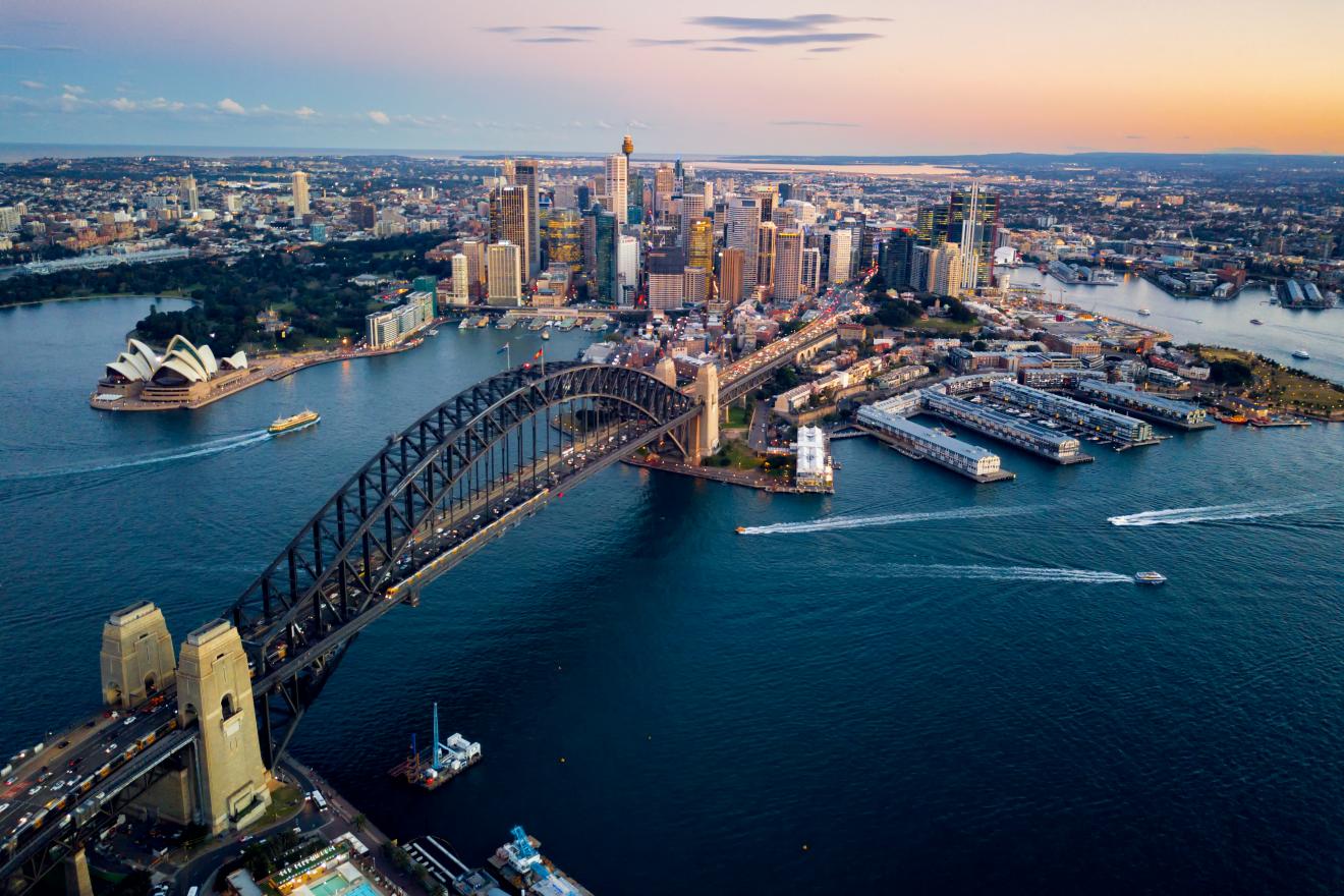 Aerial view of Sydney harbour and city