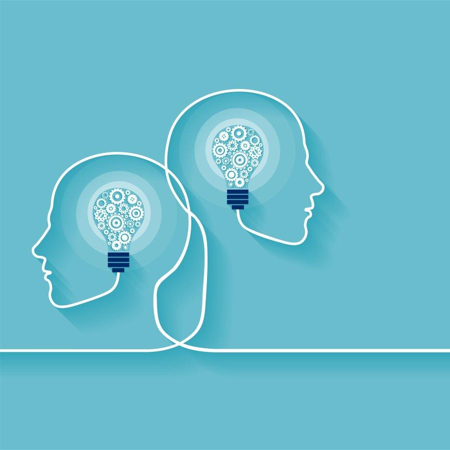 Illustration of two human heads with light bulb shape inside