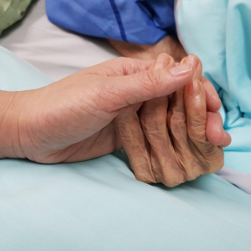 Younger person holding elderly person's hand