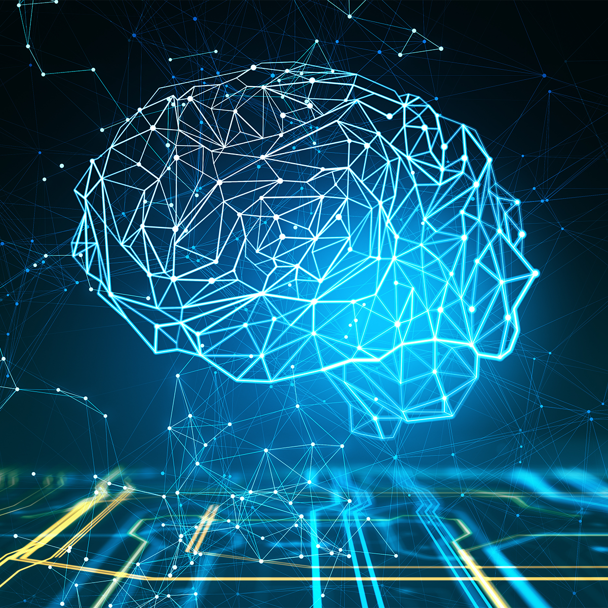 Abstract brain made up of blue connections floating above a circuit with fine connections