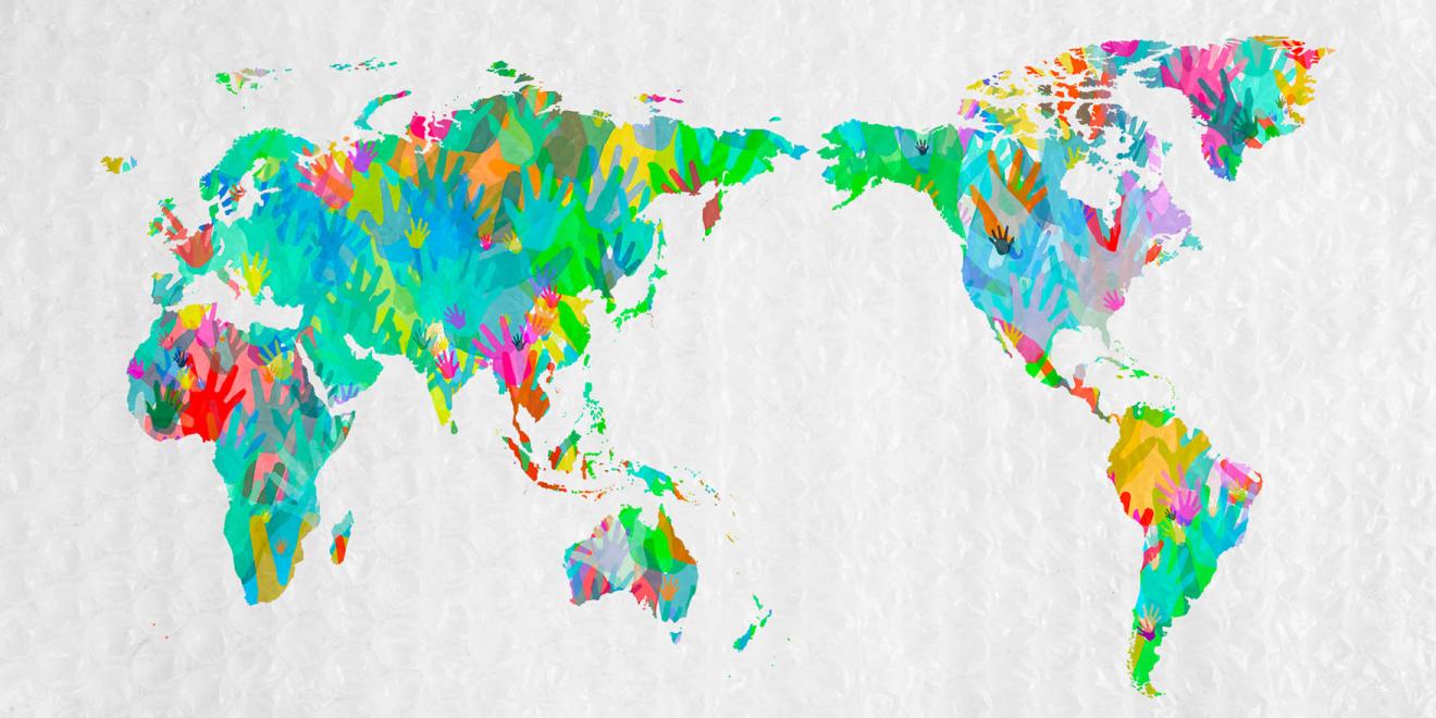 Colourful word map depicting modern slavery issues around the globe