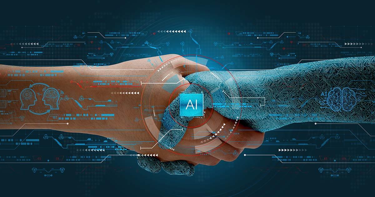 Human shakes hands with AI to show partnership