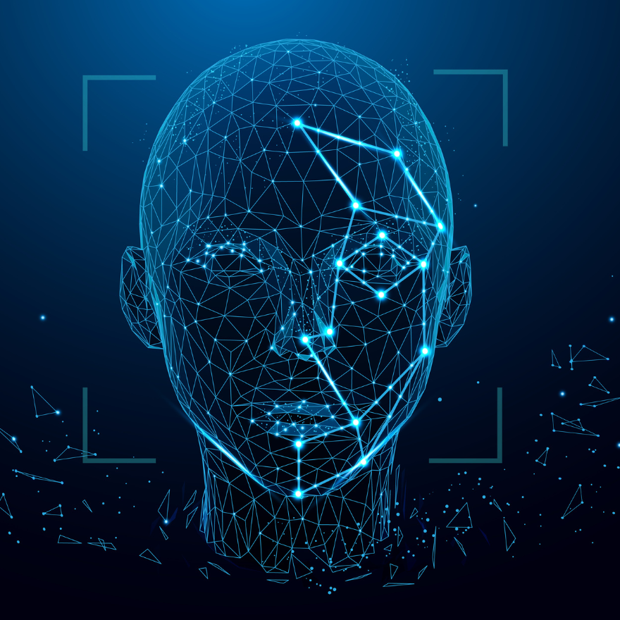 An image with an outline of a head and a face being tracked using some form of technology 