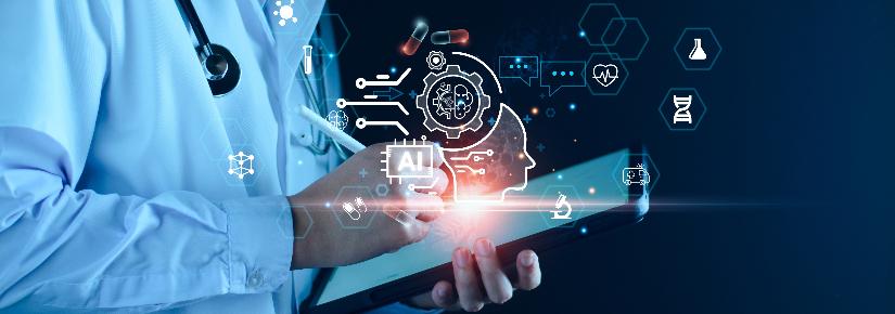 Man holding iPad with AI code overlayed ontop. 