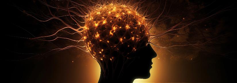 Profile of human face in black with gold neural pathways.