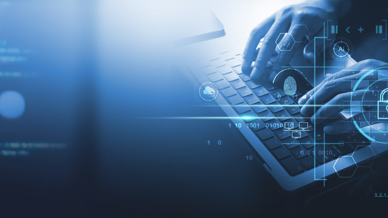 Hands on a keyboard, with floating AI, data and thumbprints