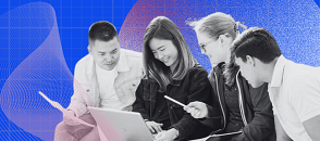 Image of students gathered around computer in front of graphic background