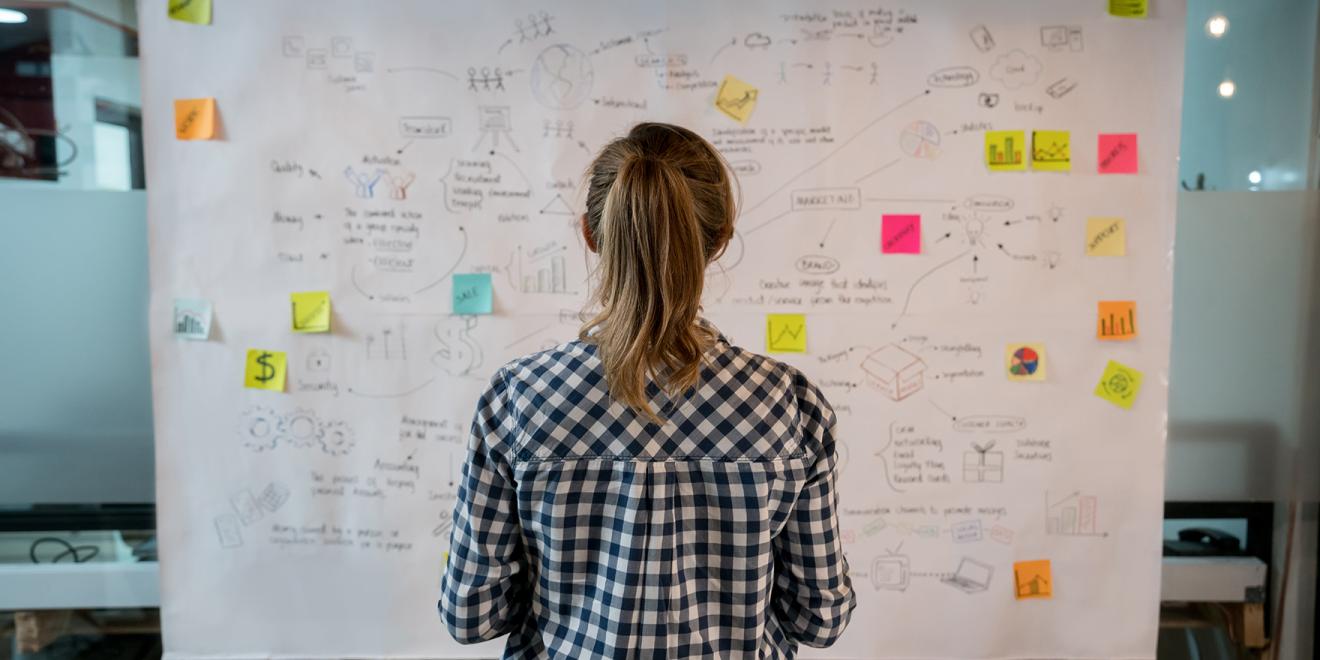 Professional looking at whiteboard full of writing and post-it notes