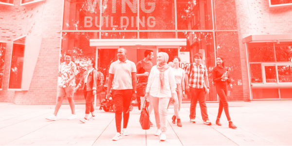 Red and white image of students walking in front of UTS Building 8