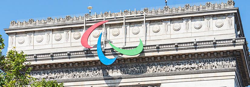 Stock picture of the Paralympics logo on the l’arc de Triomphe in Paris.