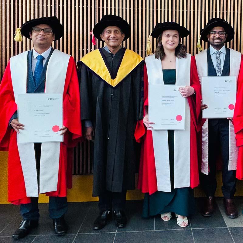 Graduating students A.S.M. Riyad, Isabella Silva, Shashika Atapattu, and Majid Jazebi receive their doctoral degrees