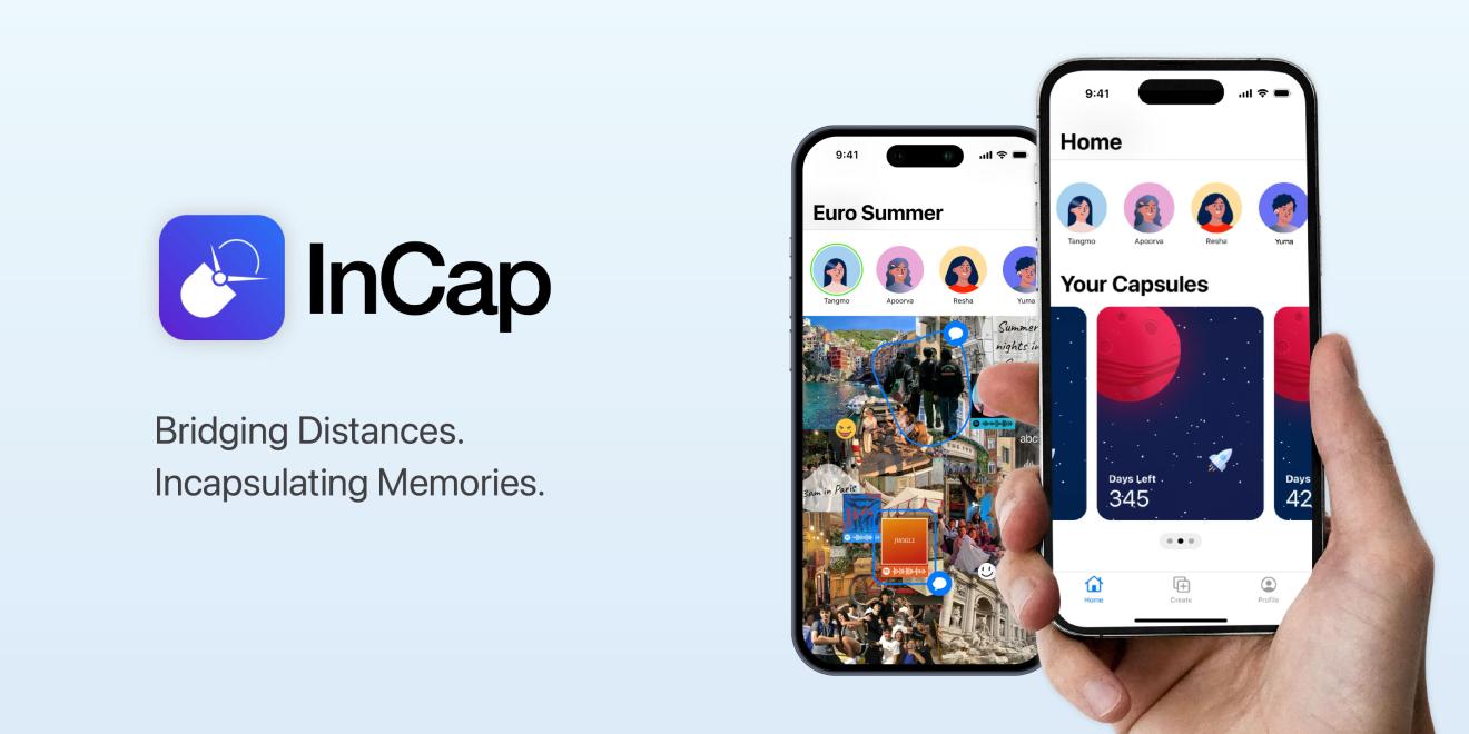A hand holds a smartphone displaying the "InCap" app, featuring time capsules and user avatars. Slogan: "Bridging Distances. Incapsulating Memories." Another phone in the background shows a collage for "Euro Summer."
