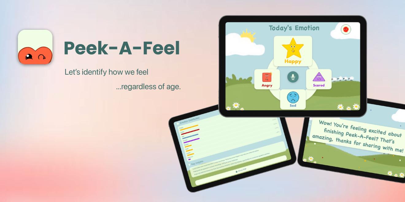"Peek-A-Feel app display with a cheerful, cartoonish interface showing emotions: Happy, Angry, Sad, Scared. Background features a sunny landscape."