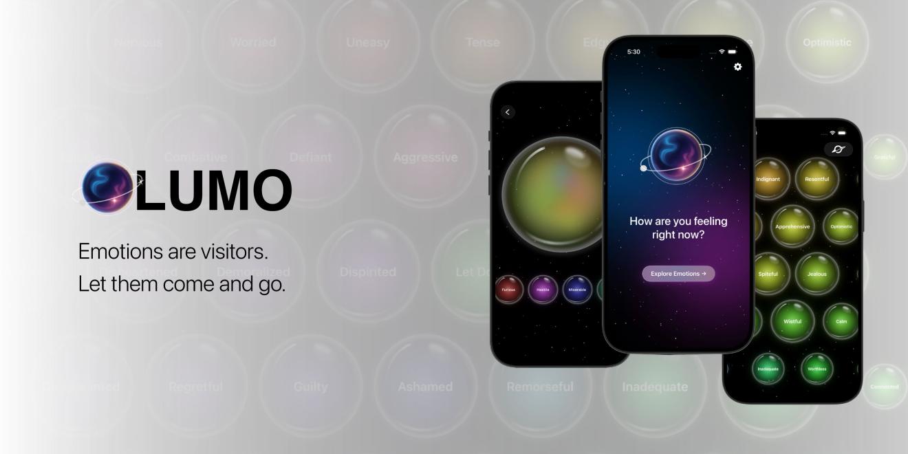 Three smartphones display the Lumo app interface against a blurred background of colorful emotion bubbles. The center screen shows a galaxy-like orb with the text, 'How are you feeling right now?' and a button labeled 'Explore Emotions.' The left and right screens showcase different emotion selections through vibrant, circular icons. The image creates a calming and introspective tone.