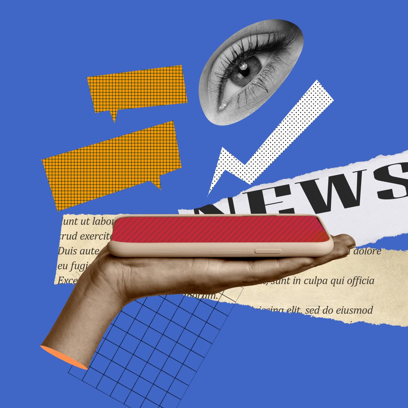 Art collage of eyes, lightning flash, and phone