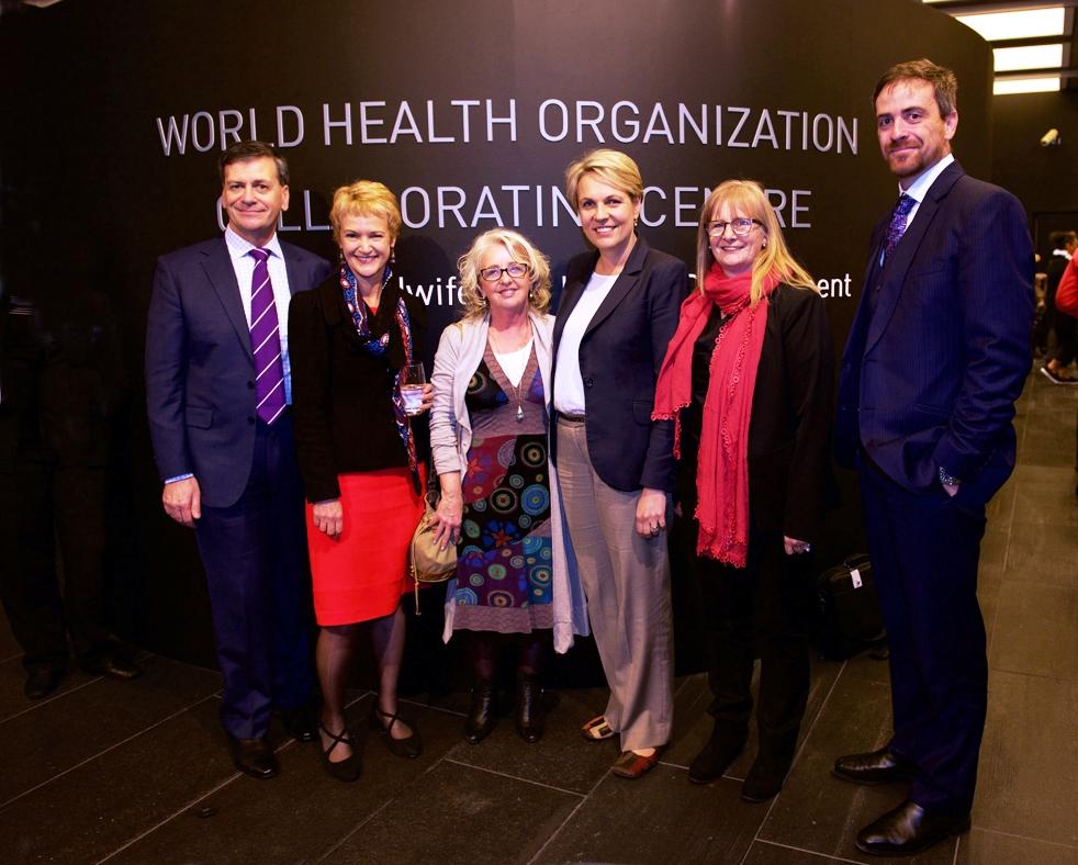 Prof John Daly, Prof Caroline Homer, Dimity Feifer, Hon Tanya Plibersek MP, Ms Michele Rumsey and Prof Attila Brungs celebrate WHO CC UTS’ election as Global Secretariat of the WHO CC Network at the University of Technology Sydney