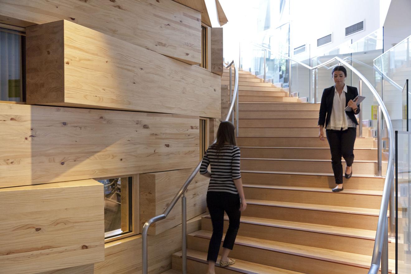 Staircase K, wraps around the oval classroom from level 3 to the student lounge above on level 4.