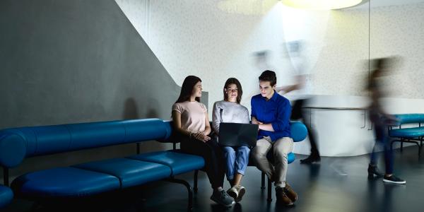 A group of students seated on the lounge gathered around a laptop