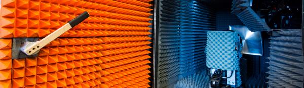 inside the Mini Compact Range Antenna Chamber, orange and grey pointed soundproofing panels