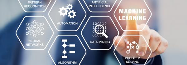 Presentation about machine learning technology with scientist touching screen with artificial intelligence (AI), neural network, automation, and data mining words and computer icons