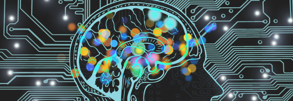 illustration of side view of brain with a layer of colourful lights in the brain region. Behind is a circuit overlay with several bright lights