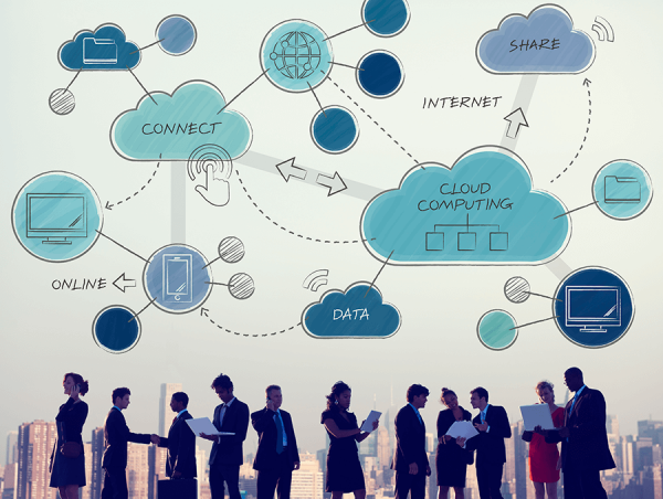 diagram of showing interconnections between data and cloud computing with several business workers interacting with each other