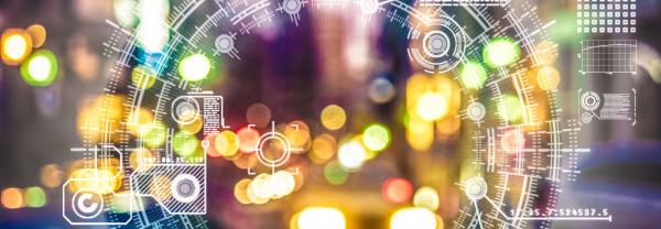 close up artificial intelligence technology over blurred city lights
