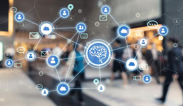 Artificial intelligence diagram, showing the brain with links to people and technology