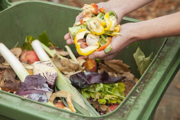 Garbage bin filled with food waste and someone picking up a handful