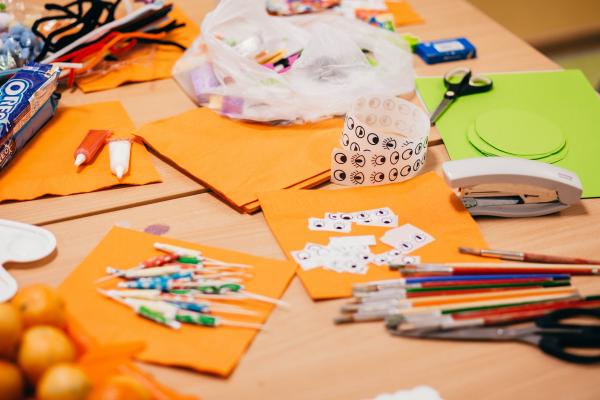 Arts and crafts supplies on a desk