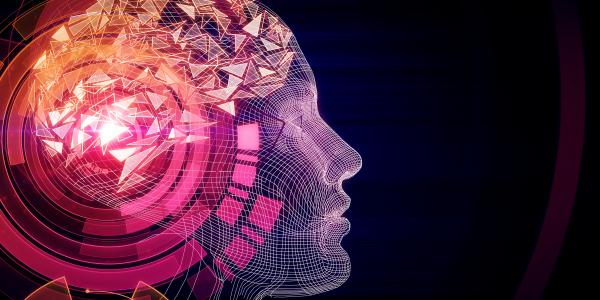 Geometric human head in tones of pink through orange on a dark background