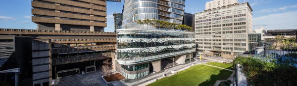 Looking across Alumni Green from above, UTS Central is flanked by the Tower and Building 10
