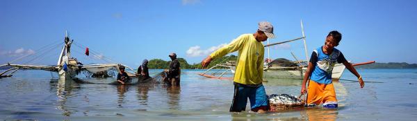 People hauling a net through water