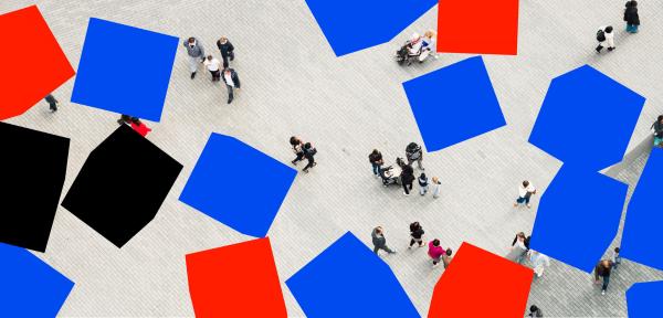 aerial picture of people in courtyard with shapes