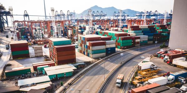 A port with cargo and cranes