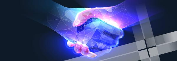 Abstract graphic of two hands shaking with Business Futures logo overlayed