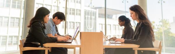 A group of international students studying in the library