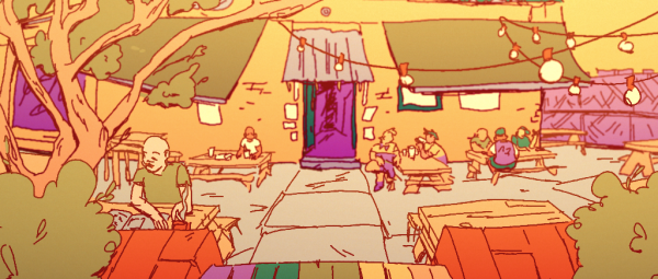 An animated still from the film, a beer garden with overhead lights and an orange glaze, people sit around drinking and smoking