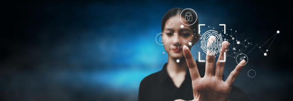A picture of a person with their hand out and there are graphic in the foreground including a thumb print 
