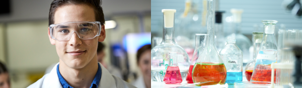 Student wearing safety glasses and lab coat (left) and assorted glassware with coloured liquids (right)