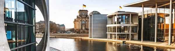 Buildings with German flags. 