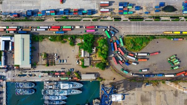 High Angle Shot of Colorful Trucks