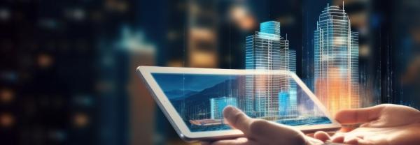A person with a digital tablet and a hologram of modern buildings