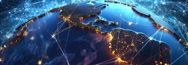 A blue globe with countries shown lit at night with network lines between them indicating interlinkages