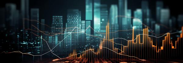 Business and financial stock market, economic graph with diagrams, business investment and stock trading on dark background